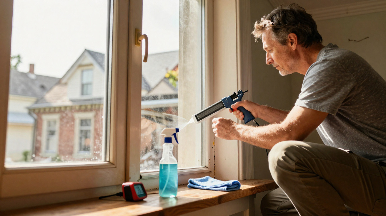 Homem aplica selante numa janela durante trabalho de montagem ou isolamento doméstico, com casa ao fundo.