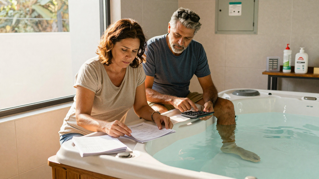 Casal sénior sentado junto a jacuzzi, a analisar documentos e usar calculadora num ambiente luminoso.