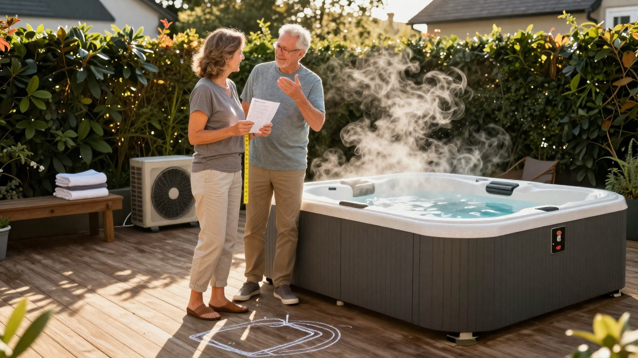 Casal sénior a medir e discutir instalação de jacuzzi com vapor num deck exterior ensolarado.