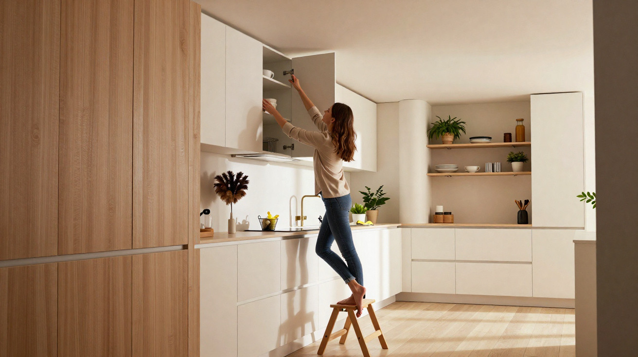 Mulher a alcançar a prateleira superior de um armário numa cozinha moderna e luminosa.