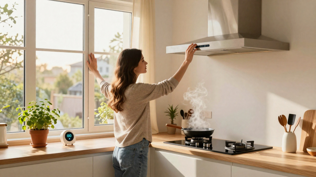Mulher ajusta exaustor na cozinha moderna com panela a ferver e vapor visível no fogão a gás.