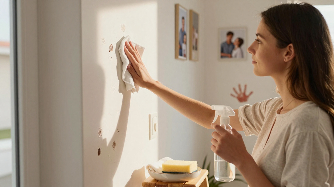 Mulher limpa manchas na parede com pano e spray numa divisão decorada com fotografias de família.