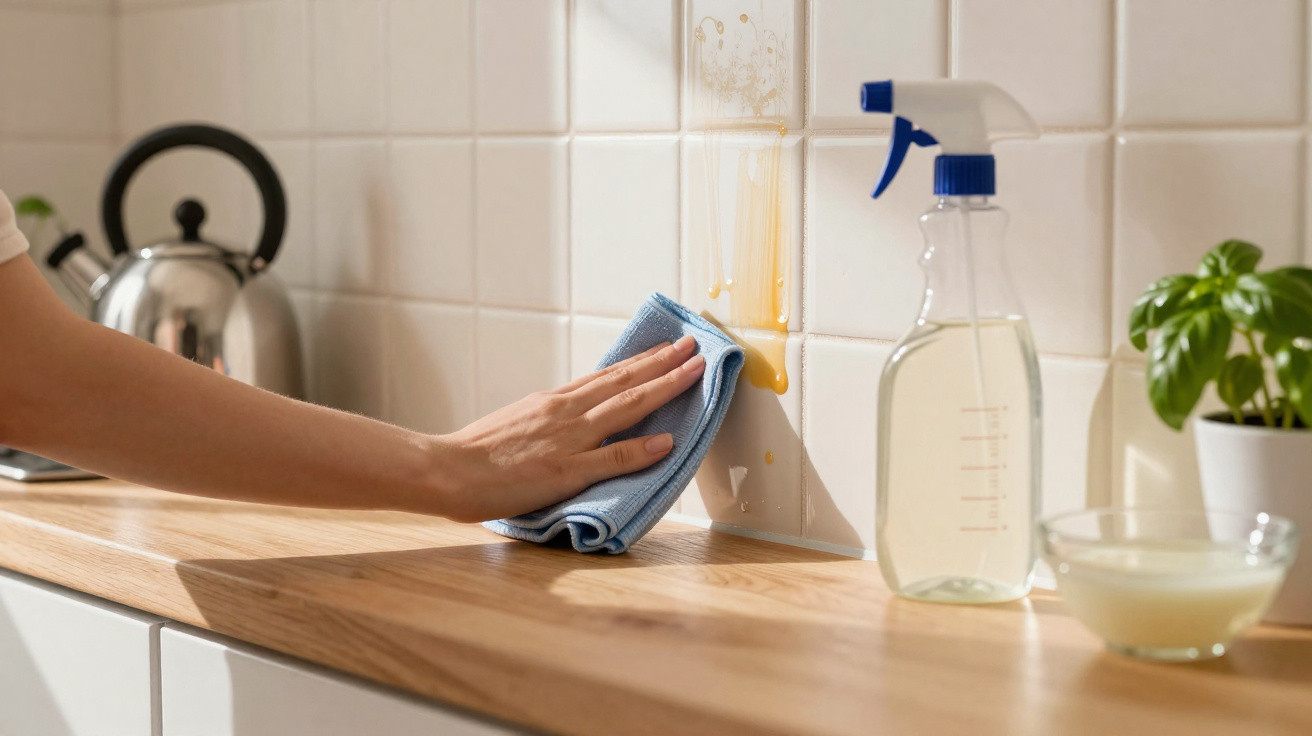 Pessoa a limpar nódoa numa parede de azulejos brancos na cozinha com um pano azul, com jarro e planta ao lado.