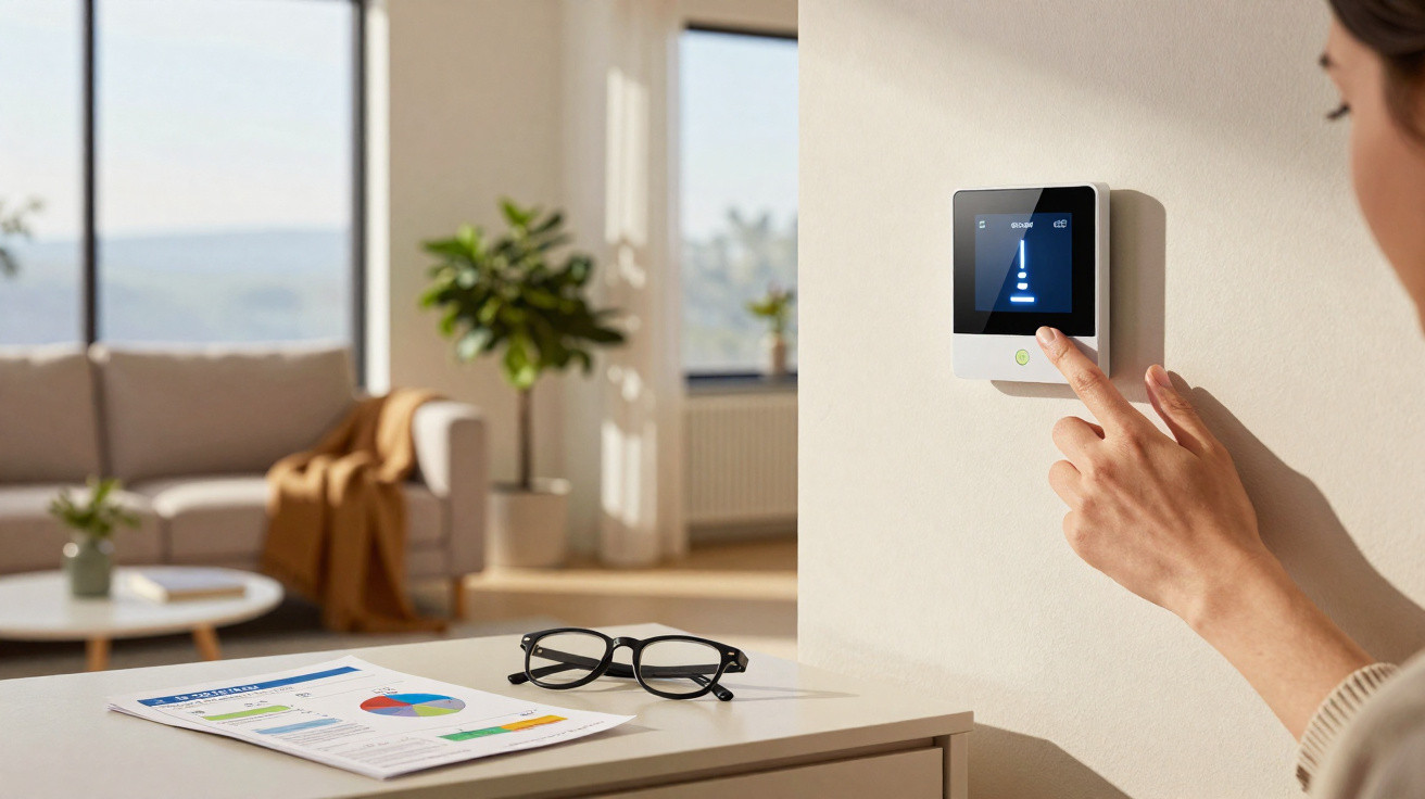 Pessoa a ajustar termóstato digital numa sala moderna e iluminada com sofá, mesa e plantas.
