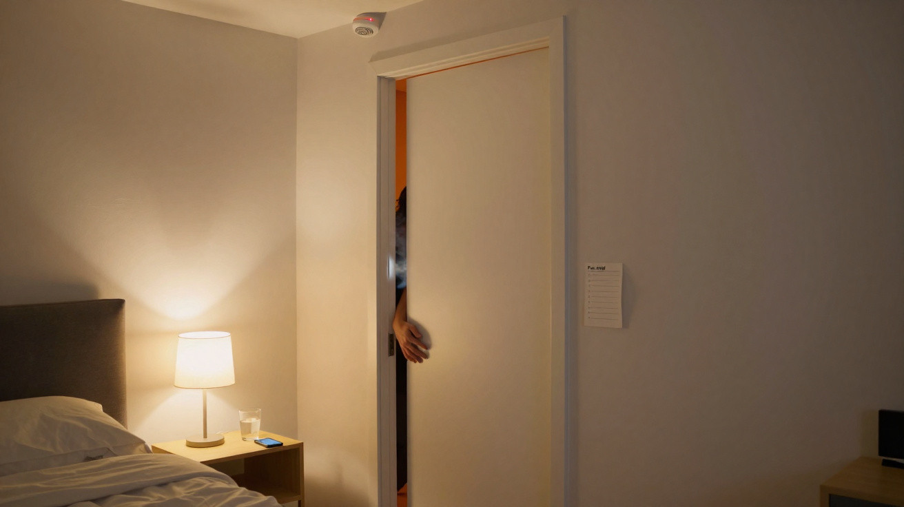 Quarto com luz suave, candeeiro ligado e uma mão a abrir a porta deslizante parcialmente fechada.