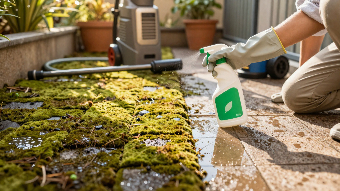 Pessoa a pulverizar produto para remover musgo de pavimento exterior num espaço com plantas.