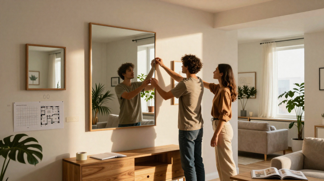 Casal jovem a pendurar espelho grande numa sala moderna e bem iluminada.