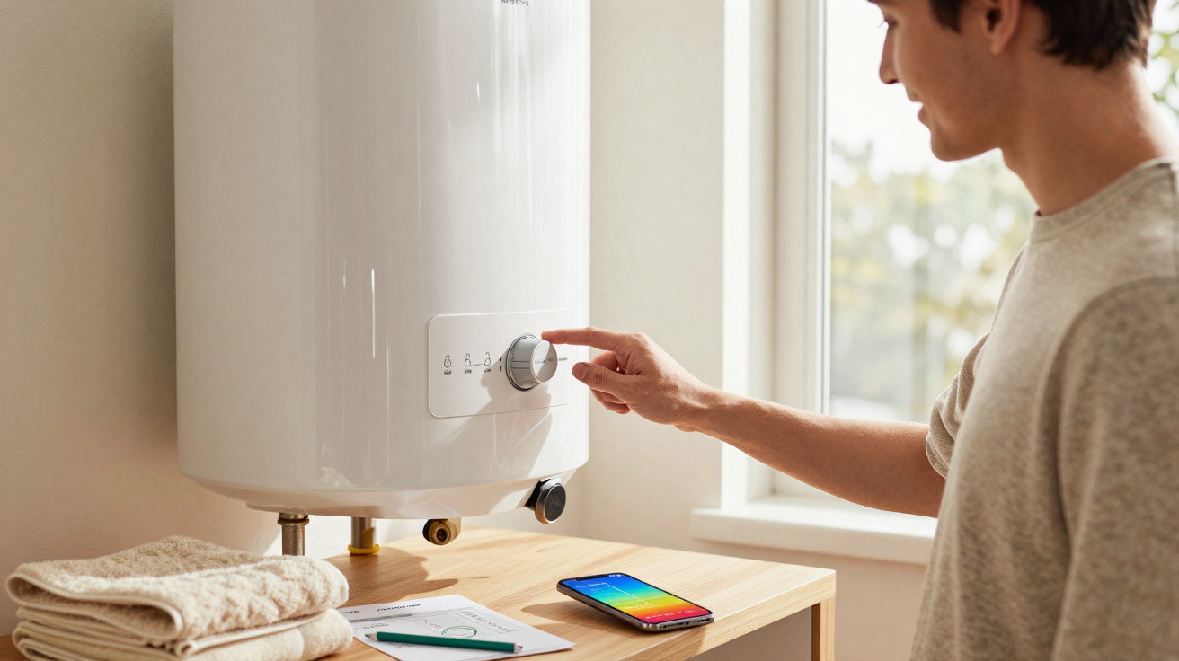 Homem ajusta temperatura de um termoacumulador branco numa sala luminosa com toalhas e telemóvel na mesa.