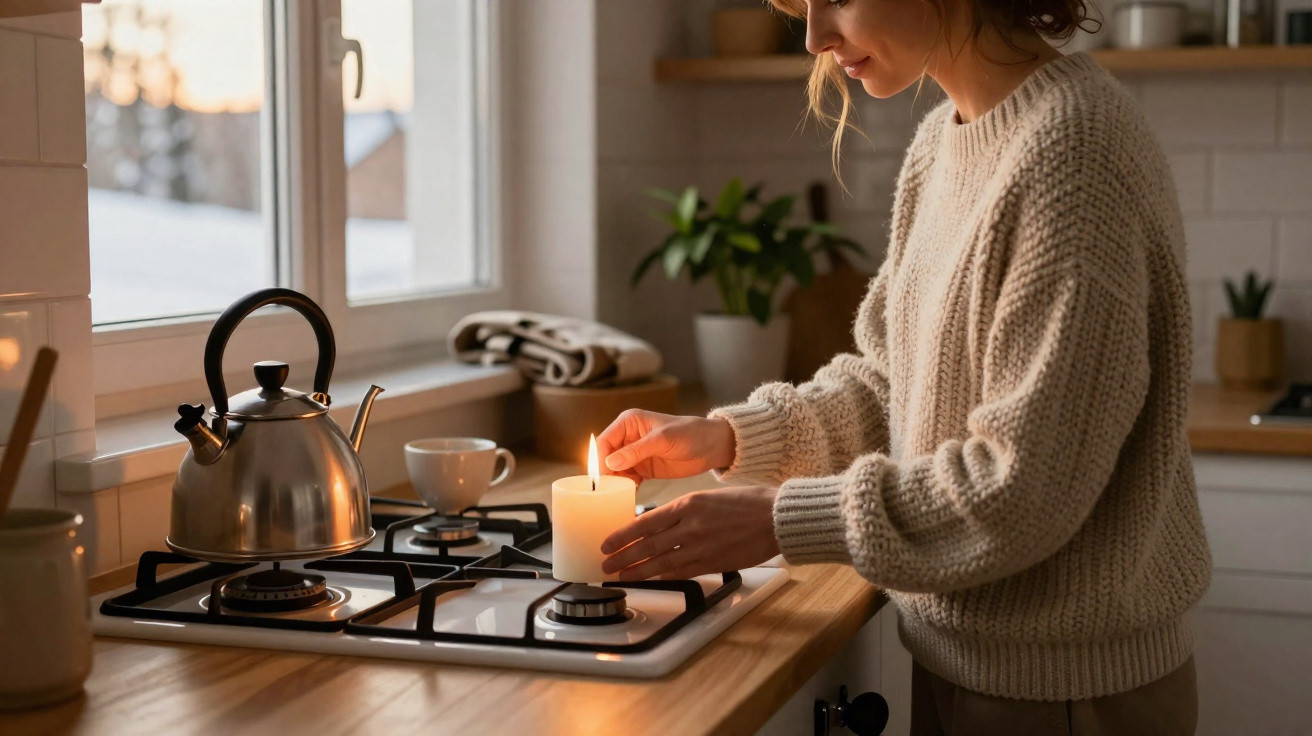 Mulher acende vela na cozinha junto a fogão de gás e chaleira ao lado de janela com luz natural.