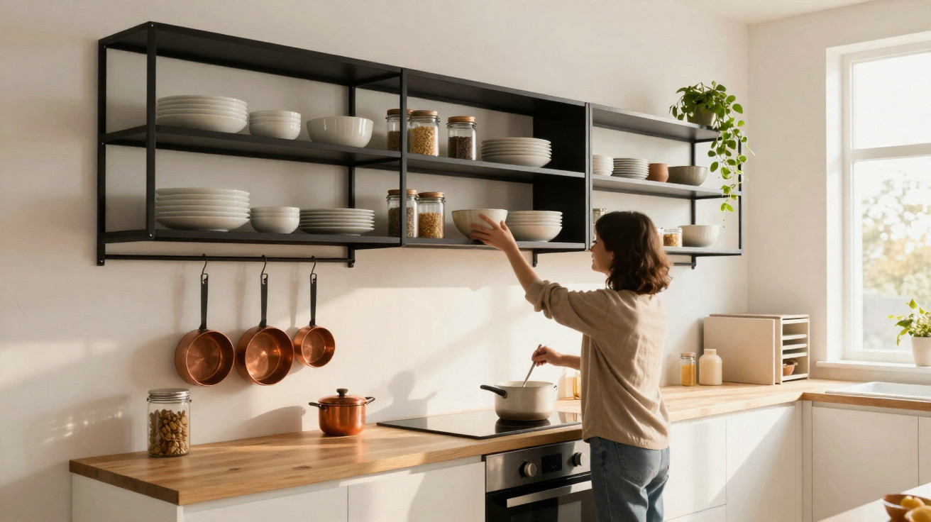Mulher em cozinha moderna a apanhar tigela numa prateleira com utensílios e alimentos em frascos.