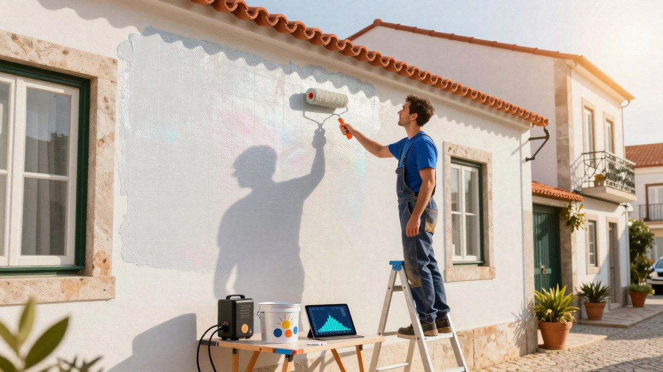 Homem a pintar uma parede exterior branca com um rolo, numa rua soalheira com casas tradicionais.