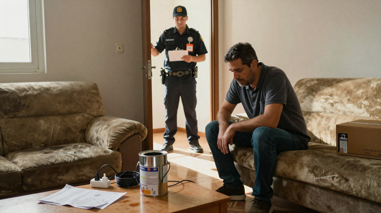 Homem sentado no sofá com expressão preocupada e polícia na porta de casa em fundo desfocado.