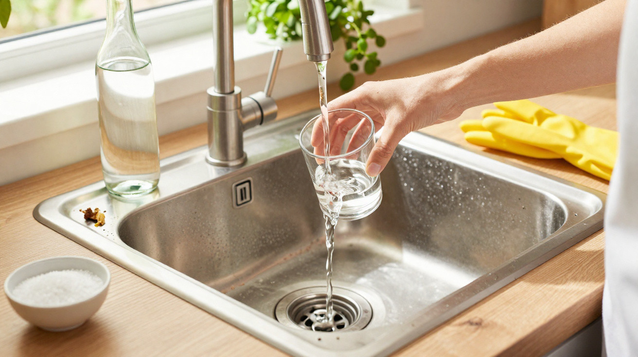 Pessoa a encher copo de água numa torneira junto a lava-loiça de cozinha moderna.