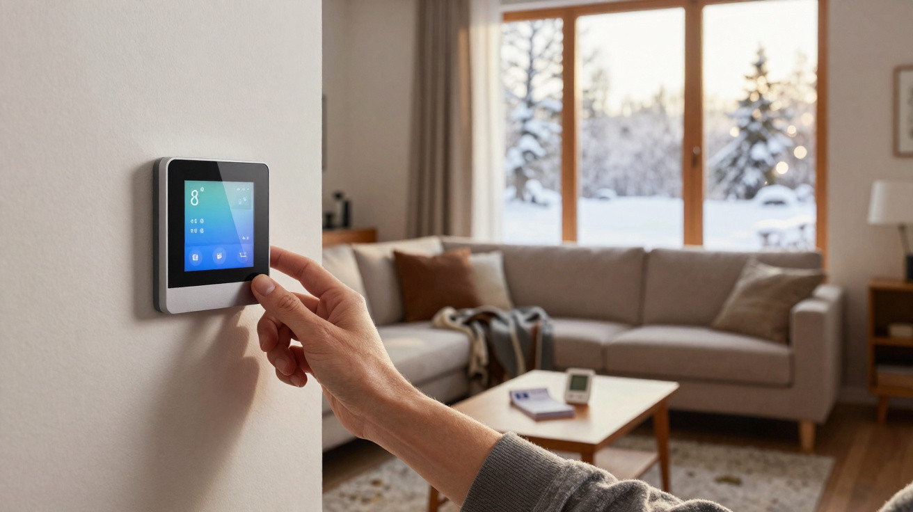 Pessoa ajusta termostato digital numa sala moderna com janela para paisagem nevada.