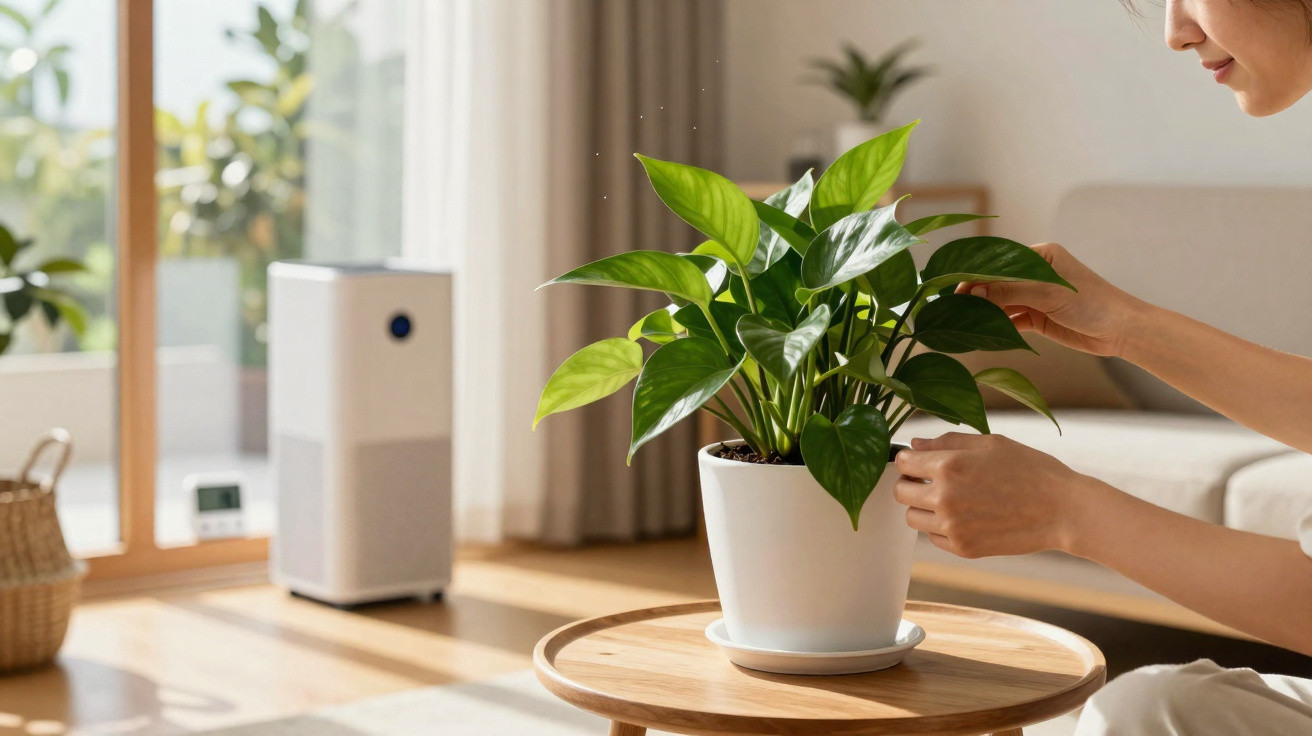 Pessoa a cuidar de planta verde em vaso branco sobre mesa de madeira num ambiente luminoso interior.