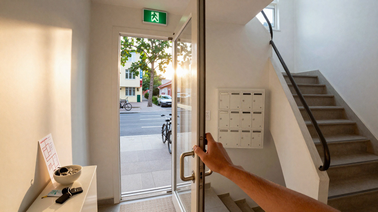 Pessoa a abrir porta de saída numa entrada de prédio com escadas e caixas de correio à vista