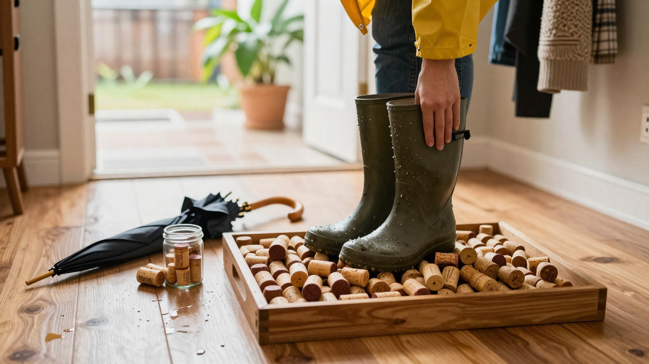 Pessoa a calçar botas de borracha molhadas num tabuleiro com rolhas junto a uma porta aberta.
