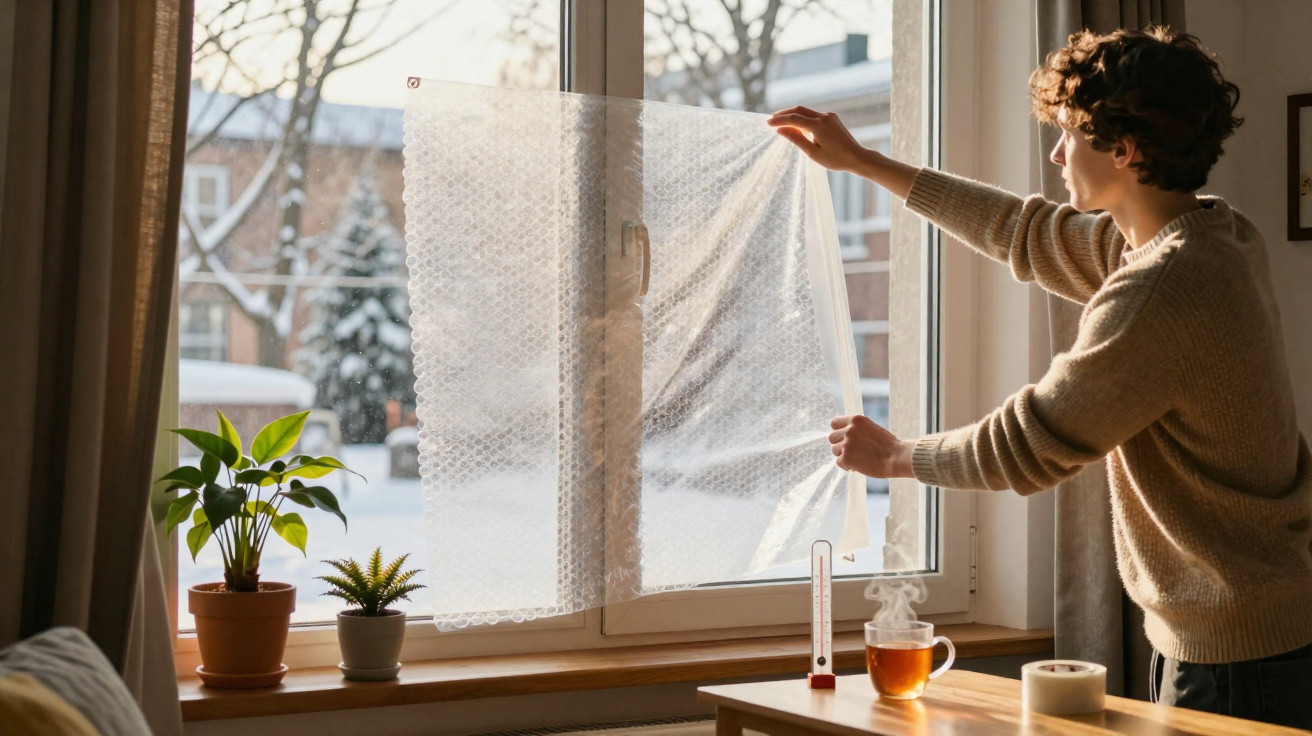 Pessoa a aplicar película bolha numa janela num dia frio com chá e plantas na mesa.