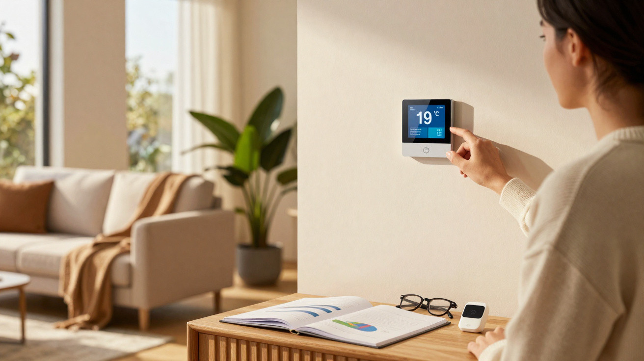 Mulher ajusta o termostato digital a 19°C numa sala com sofá, planta e mesa com livros e óculos.