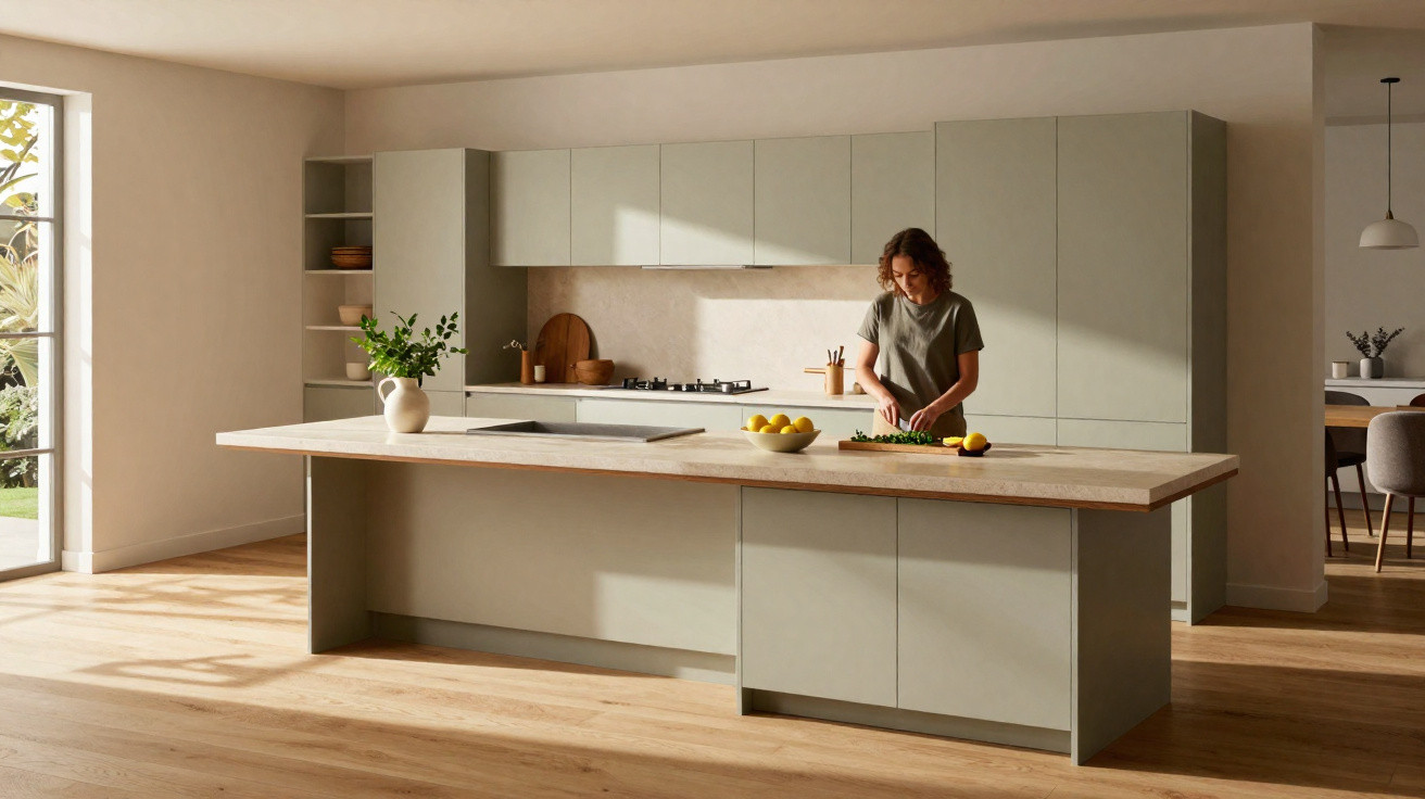 Cozinha moderna e luminosa com ilha, armários cinzentos, luz natural e uma pessoa a cortar legumes.