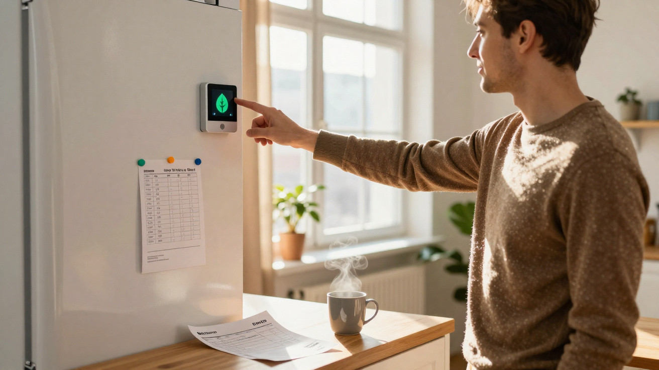 Homem na cozinha ajusta termostato digital na parede enquanto uma chávena de chá com vapor está na bancada.