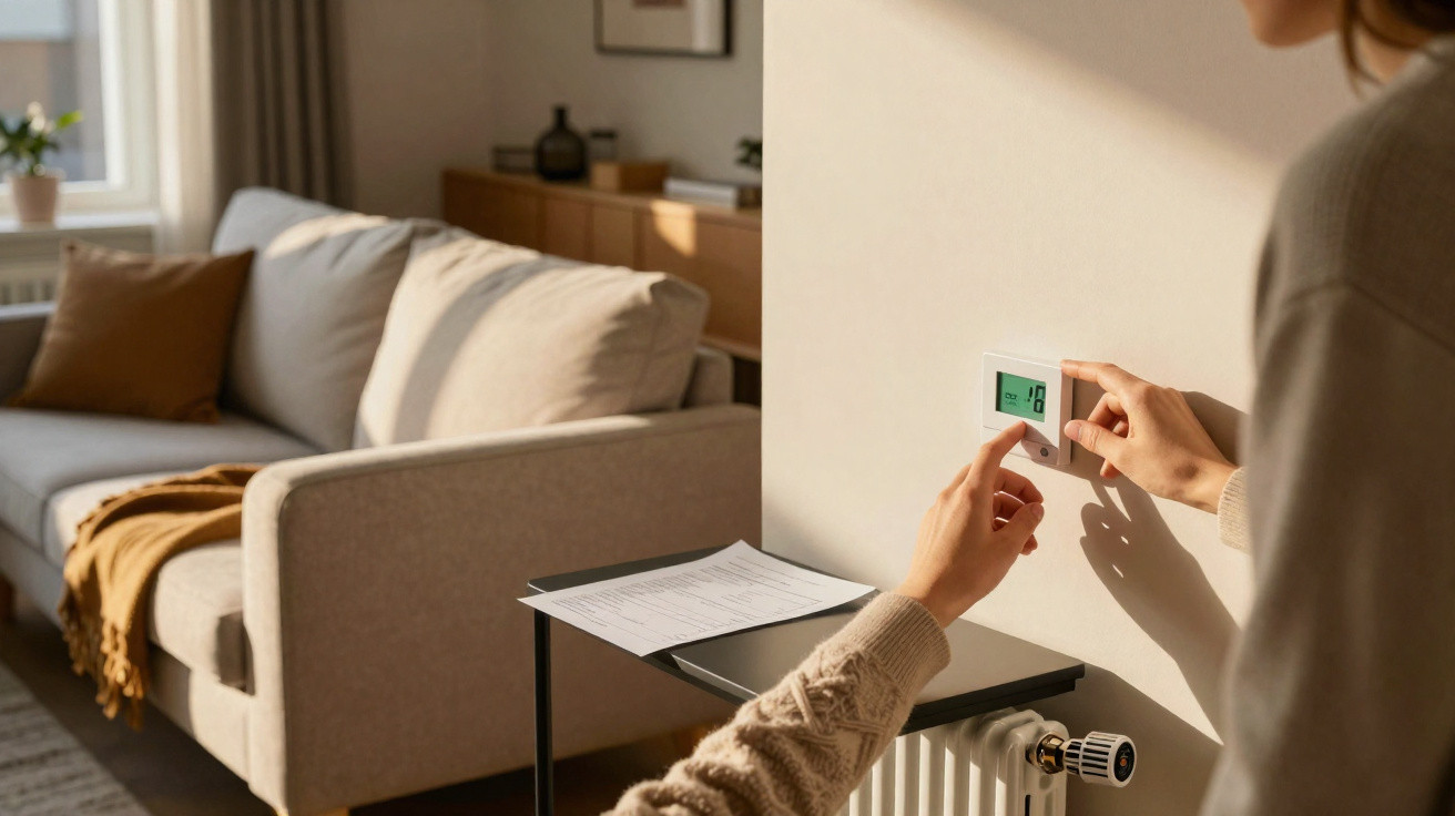 Pessoa a ajustar termóstato digital na parede numa sala com sofá e mesa lateral.