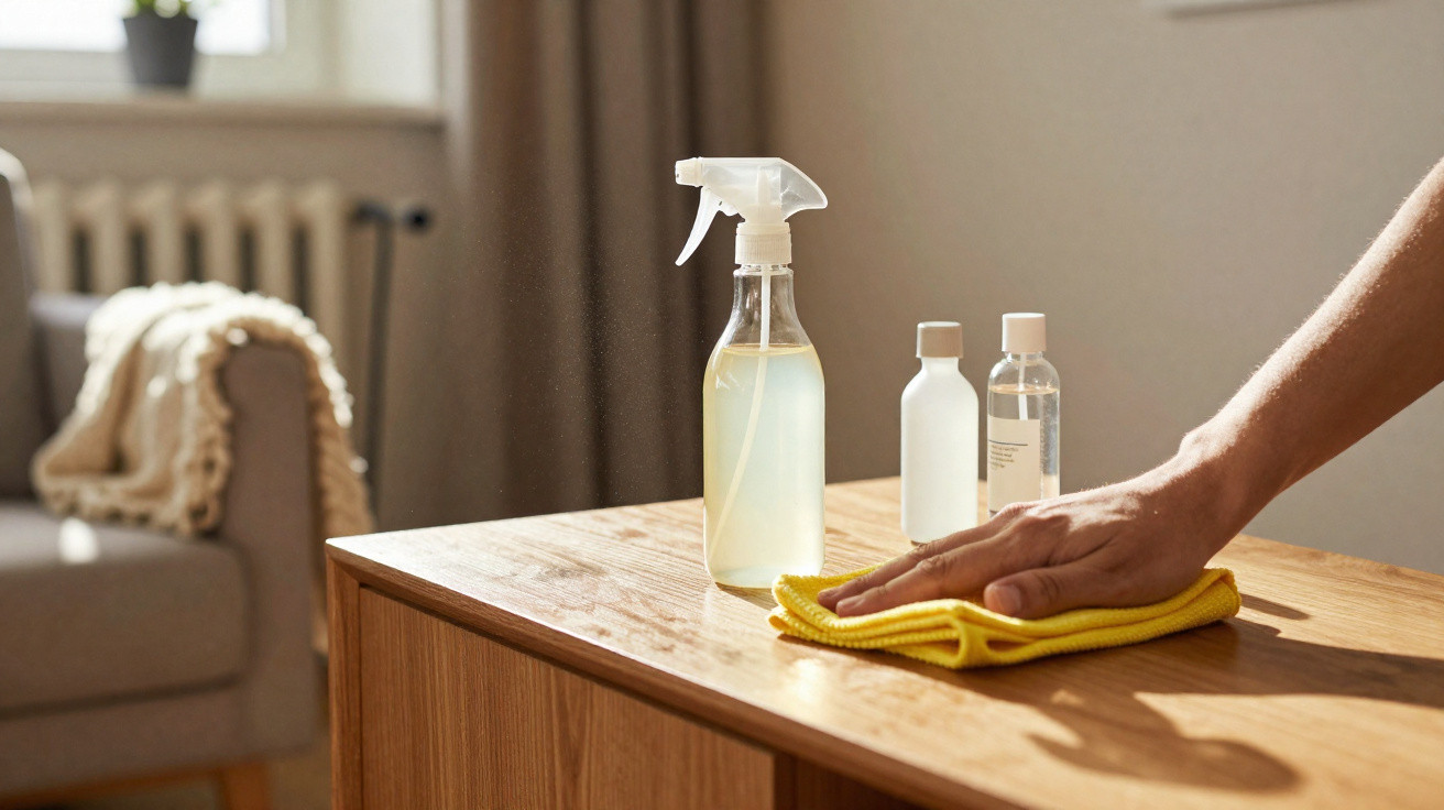 Pessoa a limpar uma mesa de madeira com pano amarelo e spray de limpeza, ao sol, numa sala acolhedora.