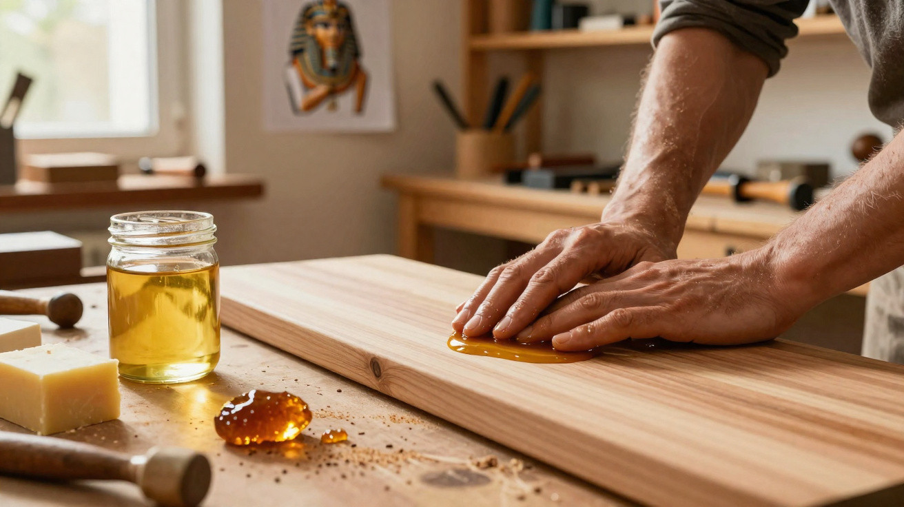 Pessoa a aplicar verniz numa tábua de madeira com jarra de verniz e bloco de cera na mesa.