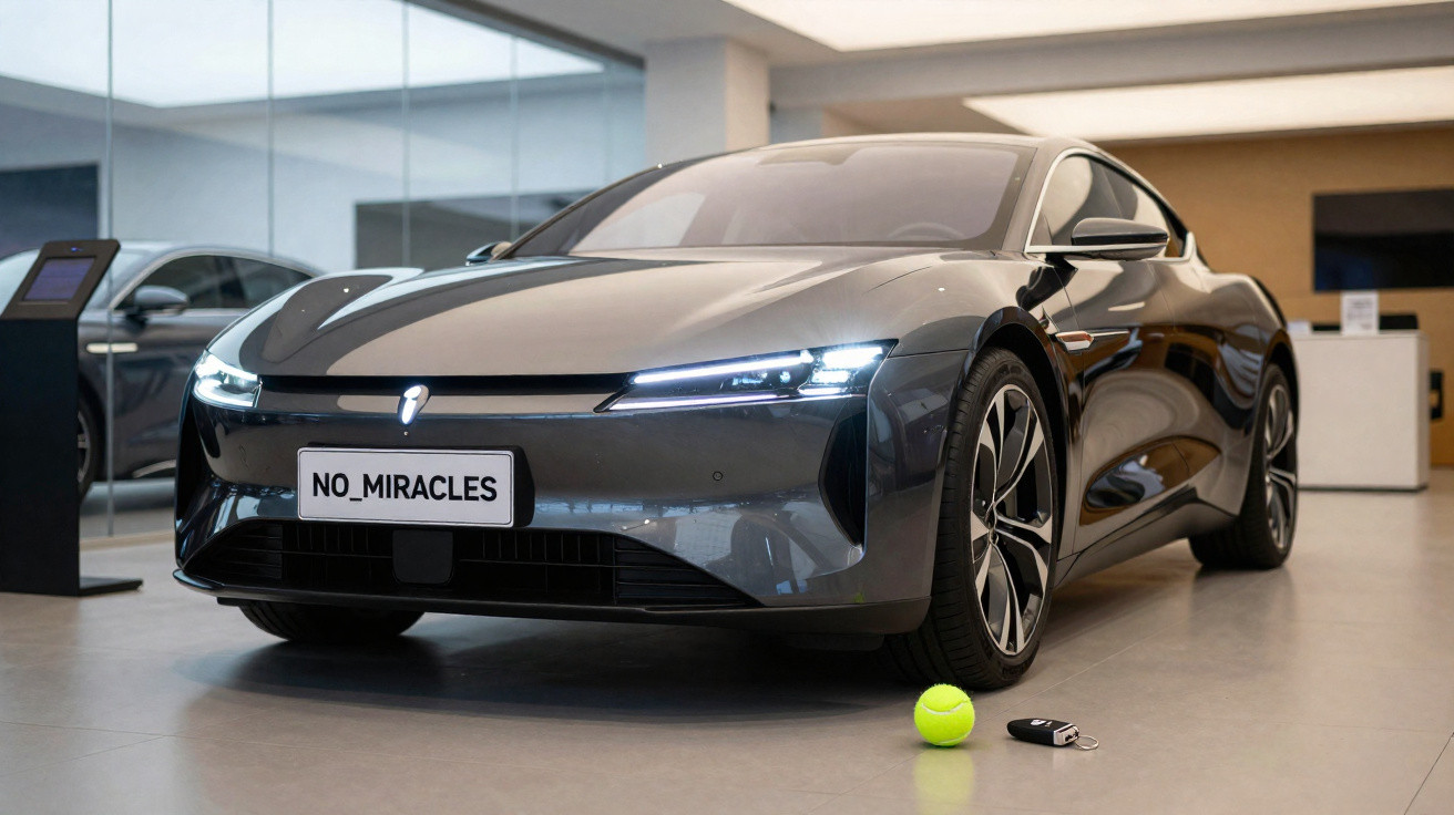 Carro eléctrico cinzento estacionado em interior, com matrícula "NO_MIRACLES", bola de ténis e comando no chão.
