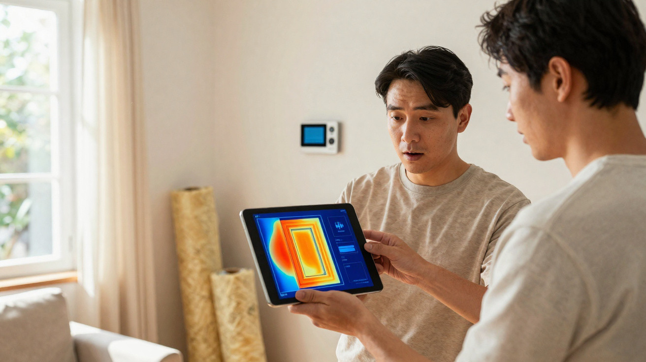 Duas pessoas a analisar leitura térmica numa tablet dentro de casa com janela e sofá ao fundo.