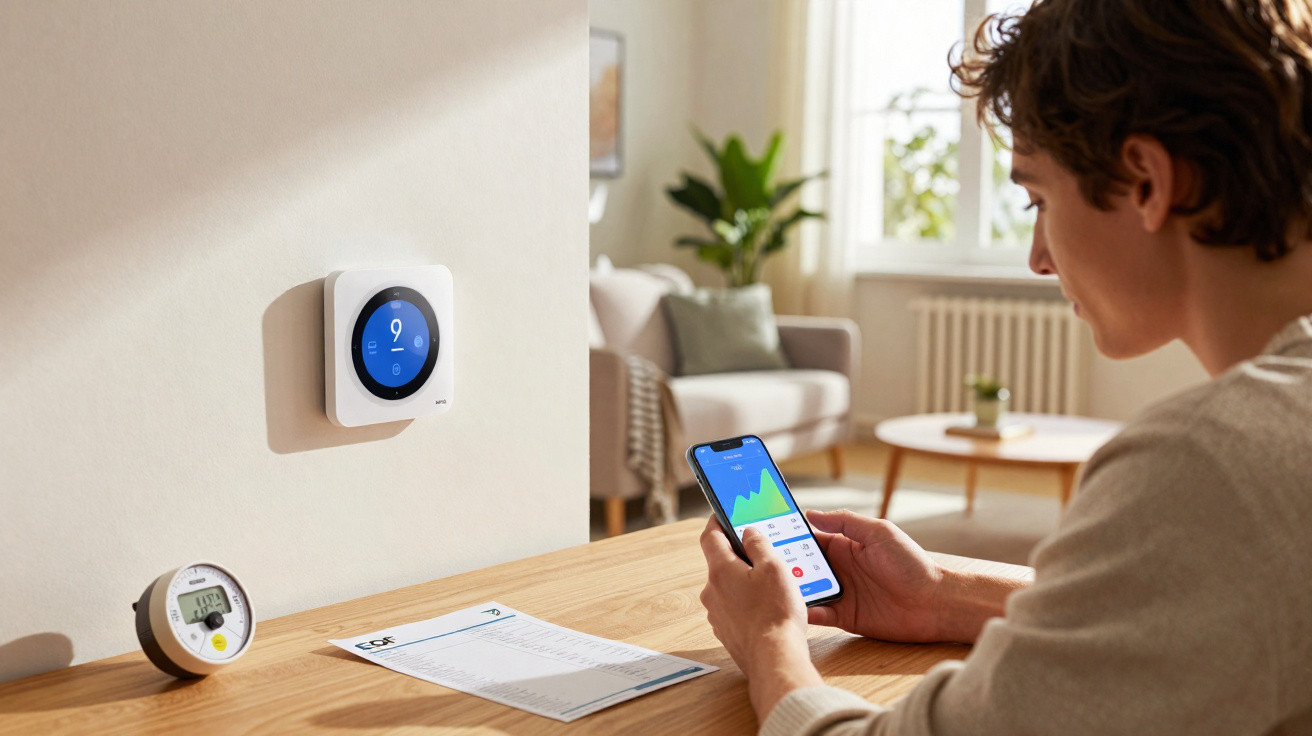 Homem sentado a consultar gráficos de consumo energético no telemóvel, com termostato na parede.