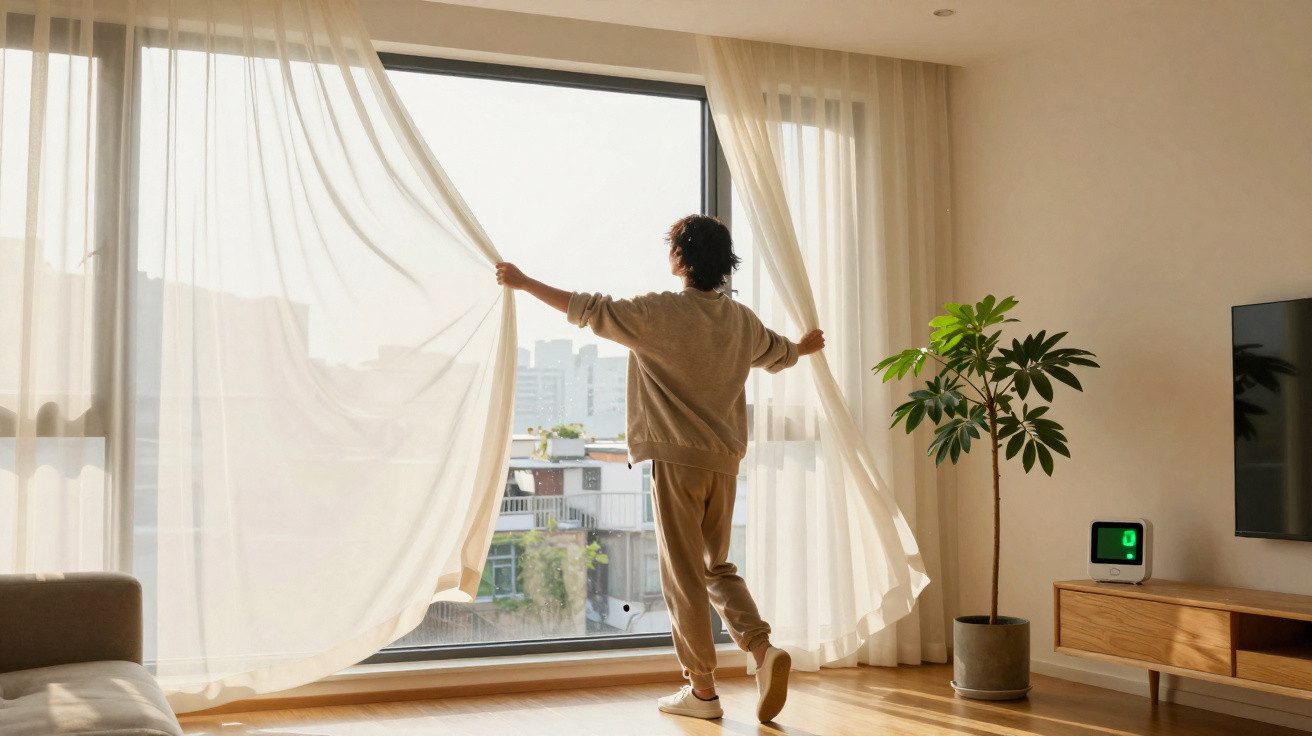 Pessoa a abrir cortinas brancas num salão iluminado com vista para edifícios urbanos.
