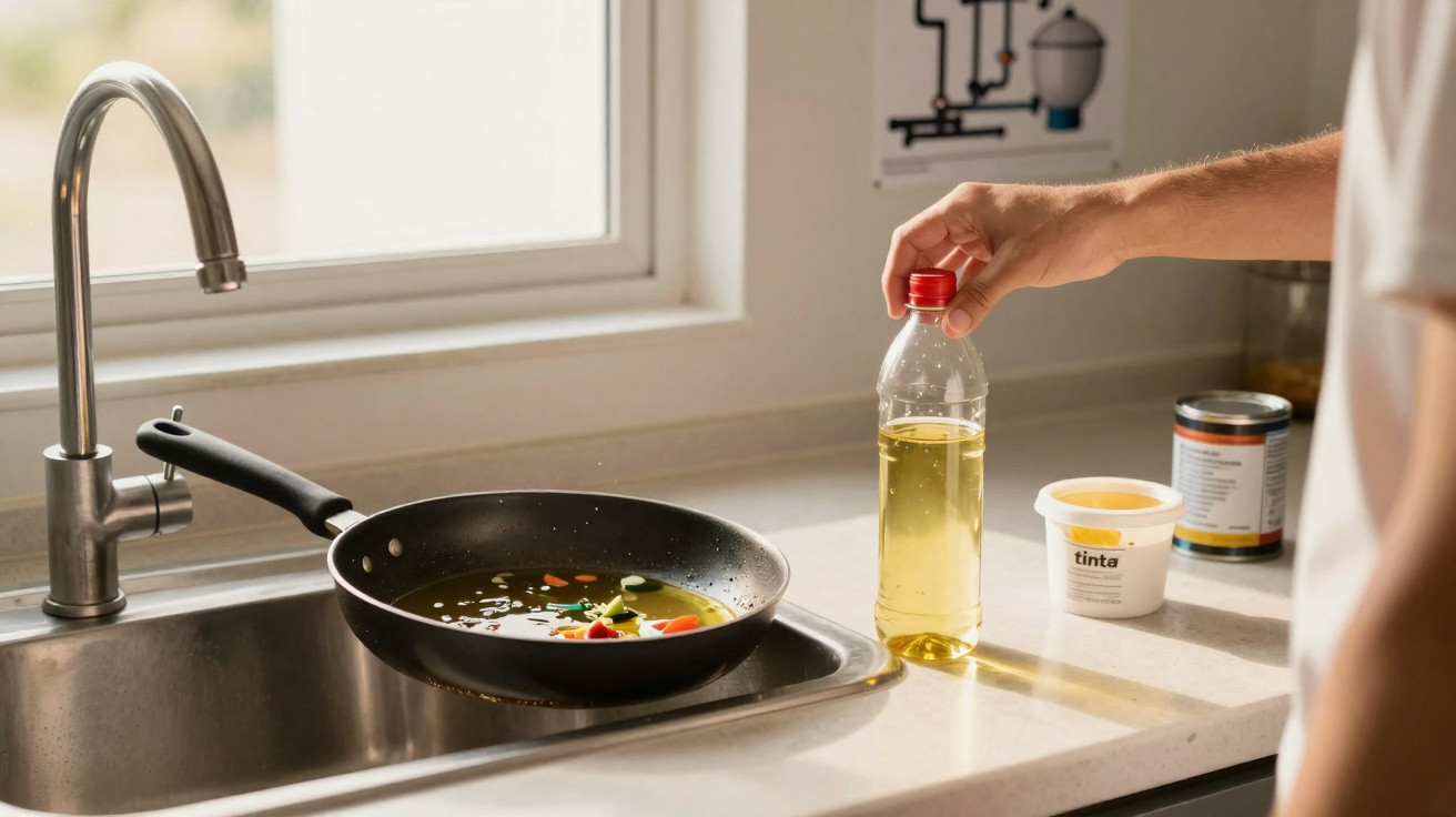 Pessoa a cozinhar com legumes numa frigideira na bancada da cozinha junto a uma garrafa de óleo e outros recipientes.