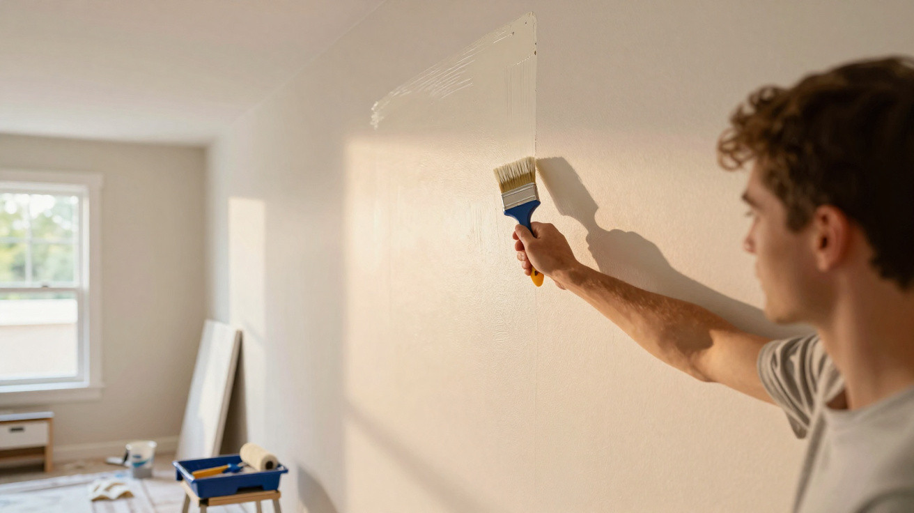 Homem a pintar uma parede branca de uma divisão com um pincel numa sala iluminada pela luz natural.