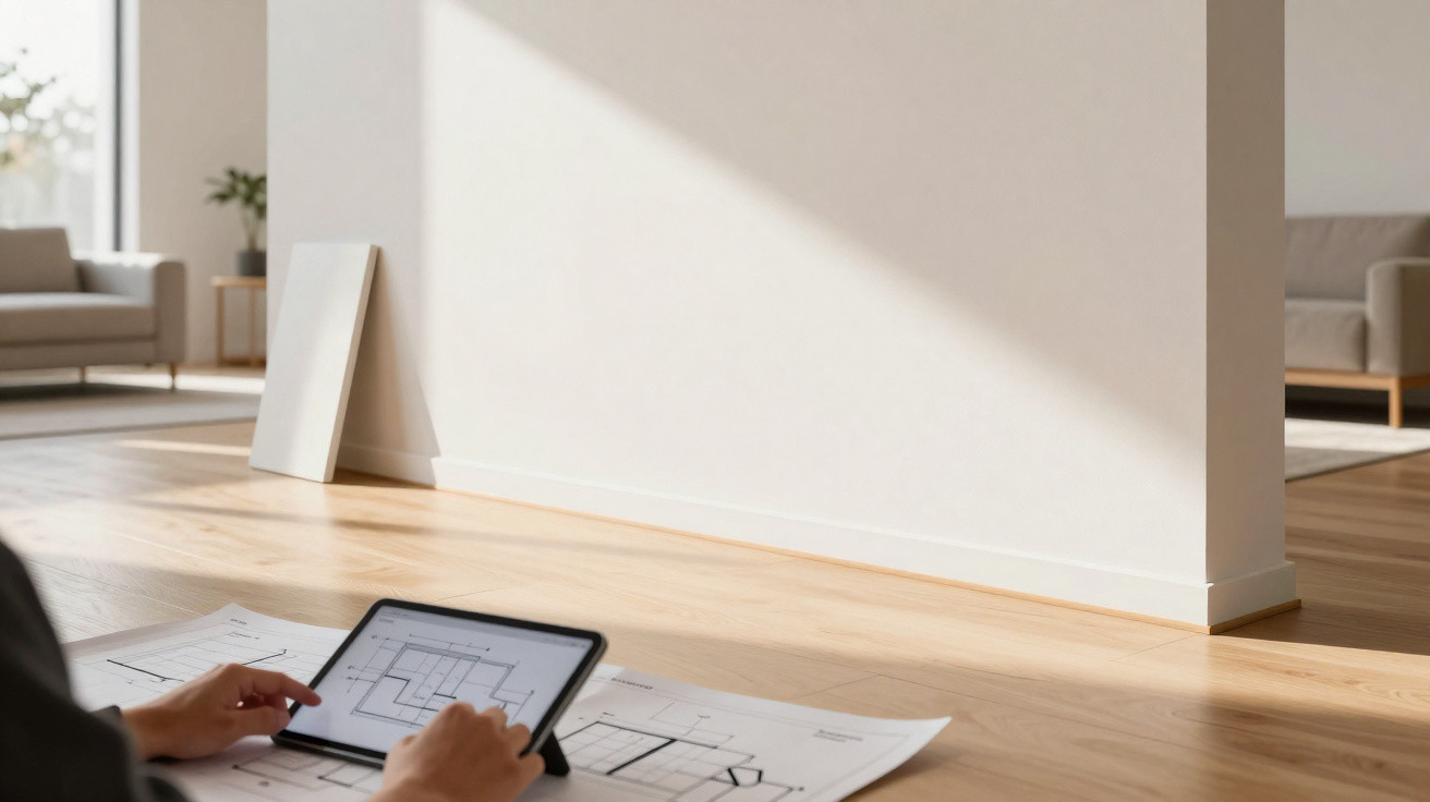 Pessoa a analisar plantas arquitetónicas num tablet e em papel num espaço interior com chão de madeira.