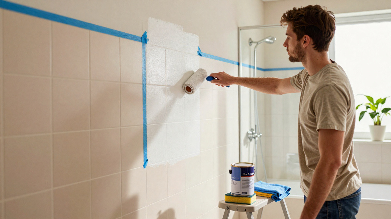 Homem a pintar azulejos de branco numa casa de banho com rolo de pintura.