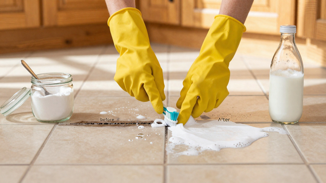 Pessoa com luvas amarelas a limpar chão sujo com escova, bicarbonato e leite numa cozinha.