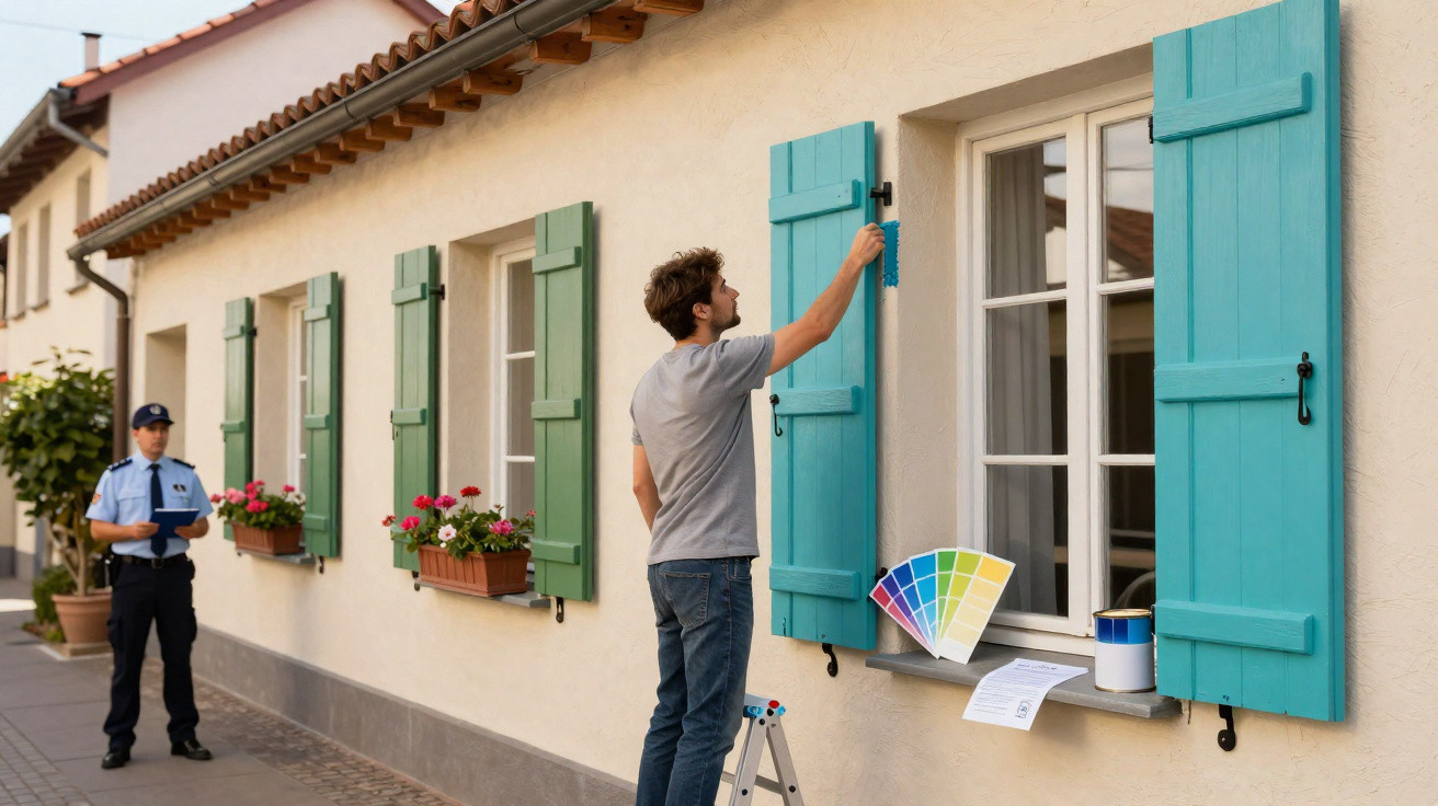 Homem a pintar as caixilharias azuis das janelas de uma casa com uma polícia a observar.