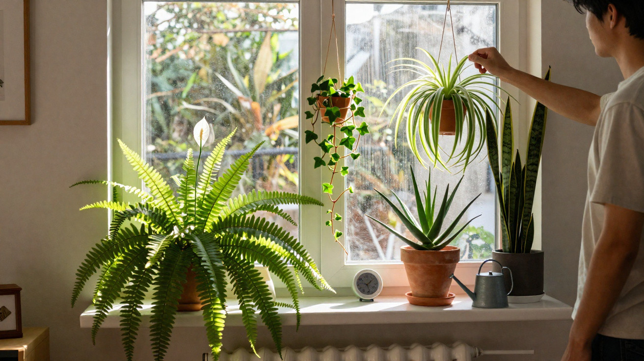 Pessoa a cuidar de plantas em vasos numa janela iluminada pela luz natural.