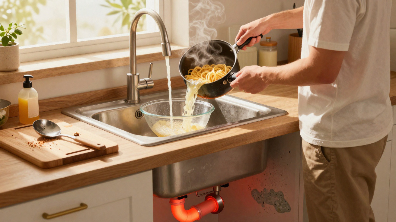 Pessoa a coar esparguete num lavatório de cozinha sob luz natural ao lado de janela.