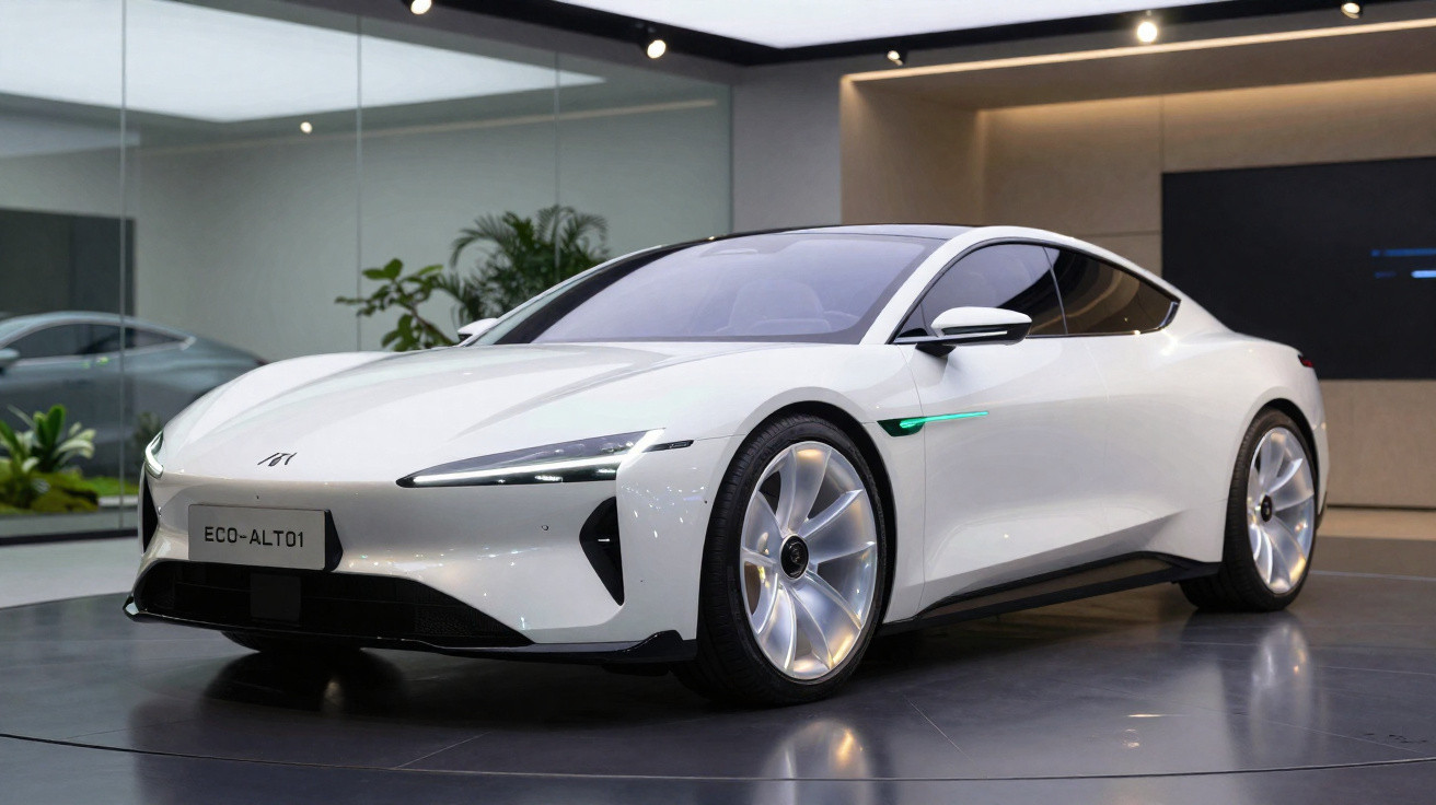 Carro elétrico desportivo branco com design futurista em exposição numa sala moderna.