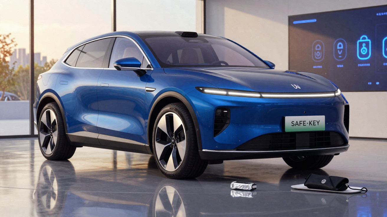 Carro elétrico azul moderno estacionado em interior minimalista com painel digital ao fundo.