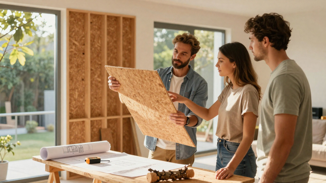 Três pessoas analisam um material de construção junto a plantas e ferramentas numa casa moderna.