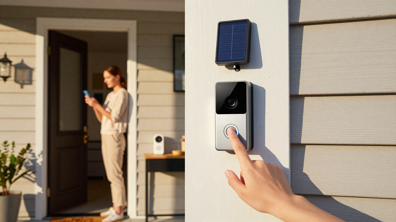 Mão a carregar campainha com câmara de segurança solar numa casa, mulher ao fundo a usar telemóvel.