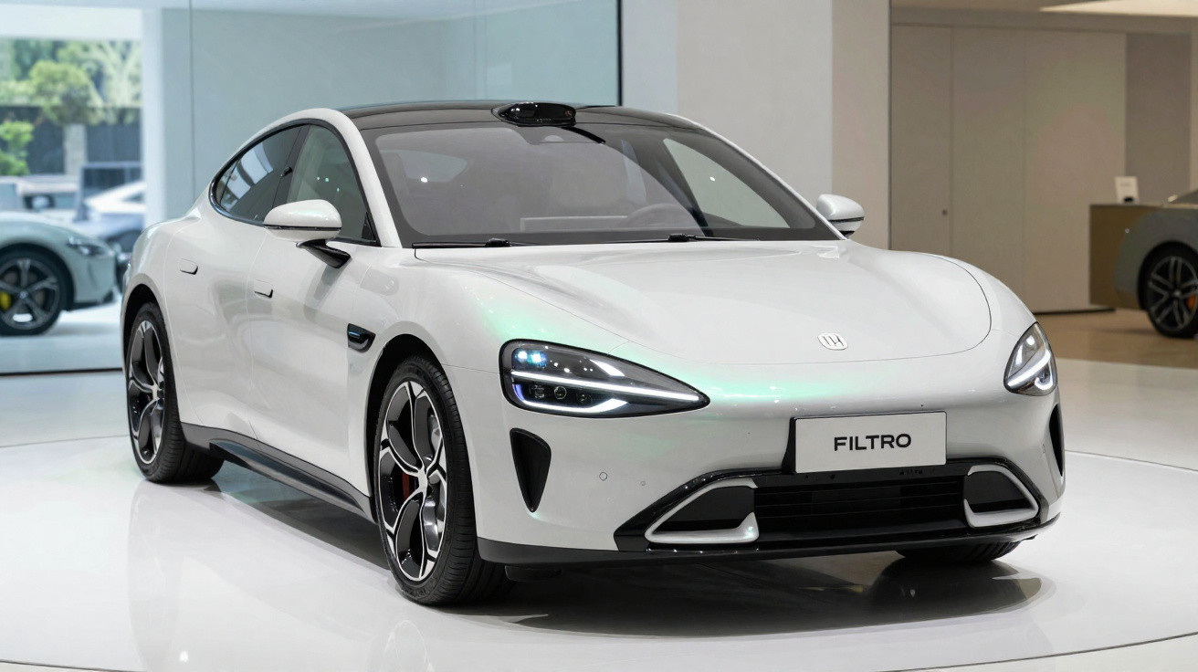 Carro elétrico branco de design moderno em exposição interior com luzes dianteiras ligadas.