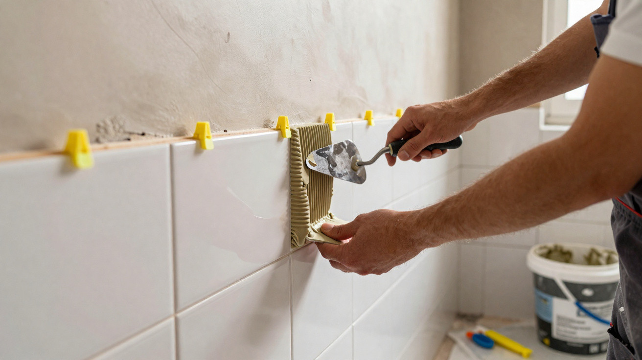 Mãos de um trabalhador a aplicar argamassa para instalar azulejos brancos numa parede interior.