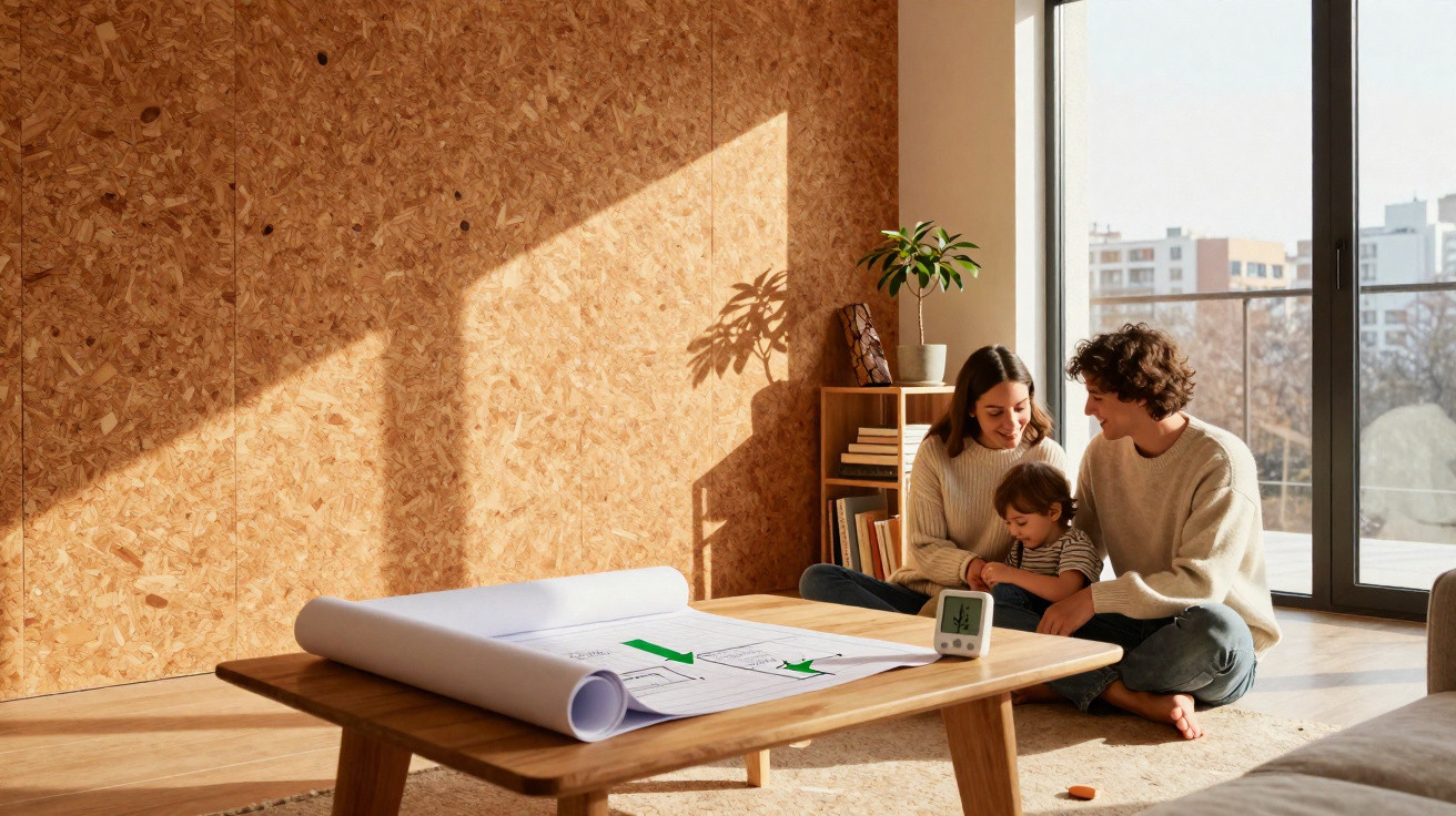 Família sentada no chão de sala iluminada, com planta, mesa de madeira e plantas contra parede de cortiça.