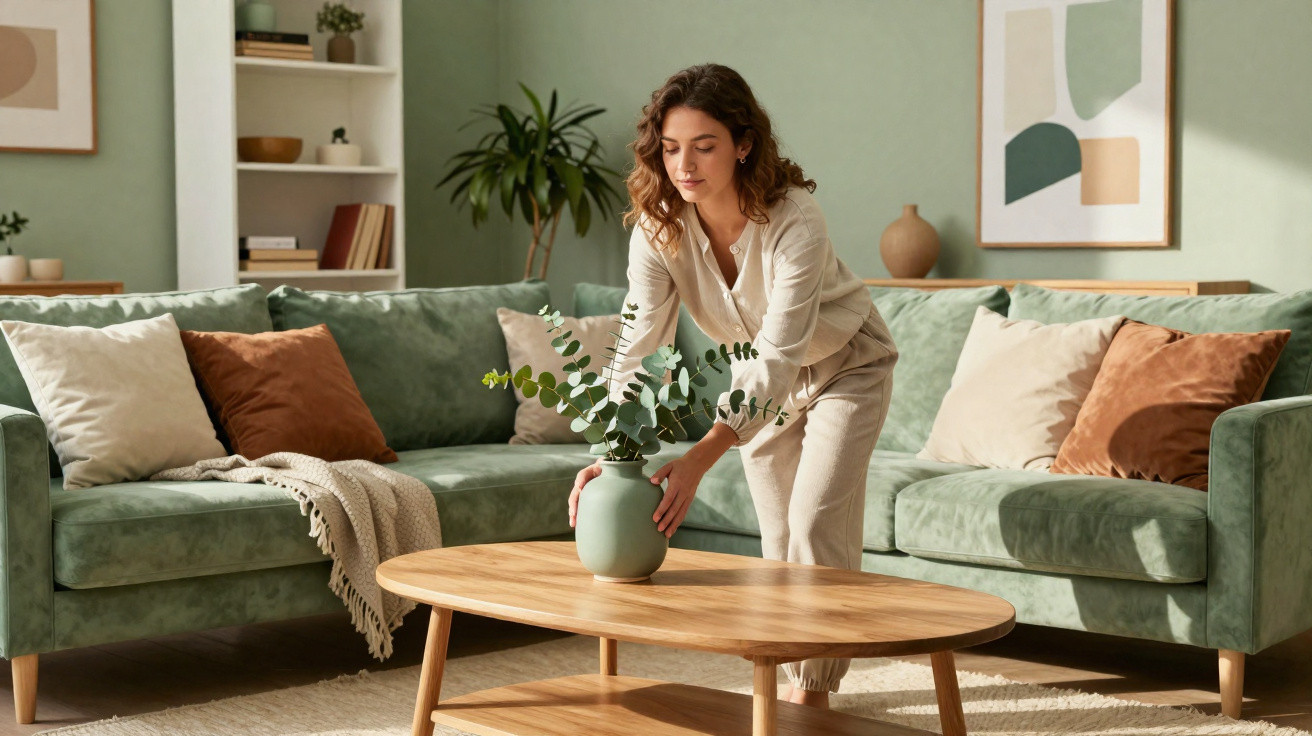 Mulher a colocar jarro verde com plantas numa mesa de centro numa sala com sofá verde e almofadas castanhas e bege.