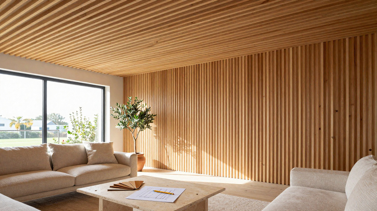 Sala de estar moderna com paredes e teto em ripado de madeira, sofá claro e mesa de centro com plantas junto à janela.