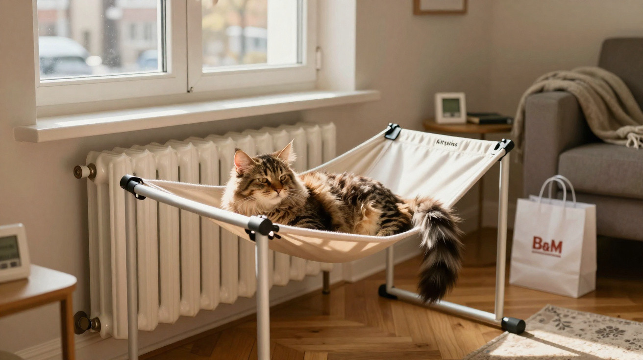 Gato castanho e branco deitado numa rede para gatos junto a um radiador numa sala com chão de madeira.